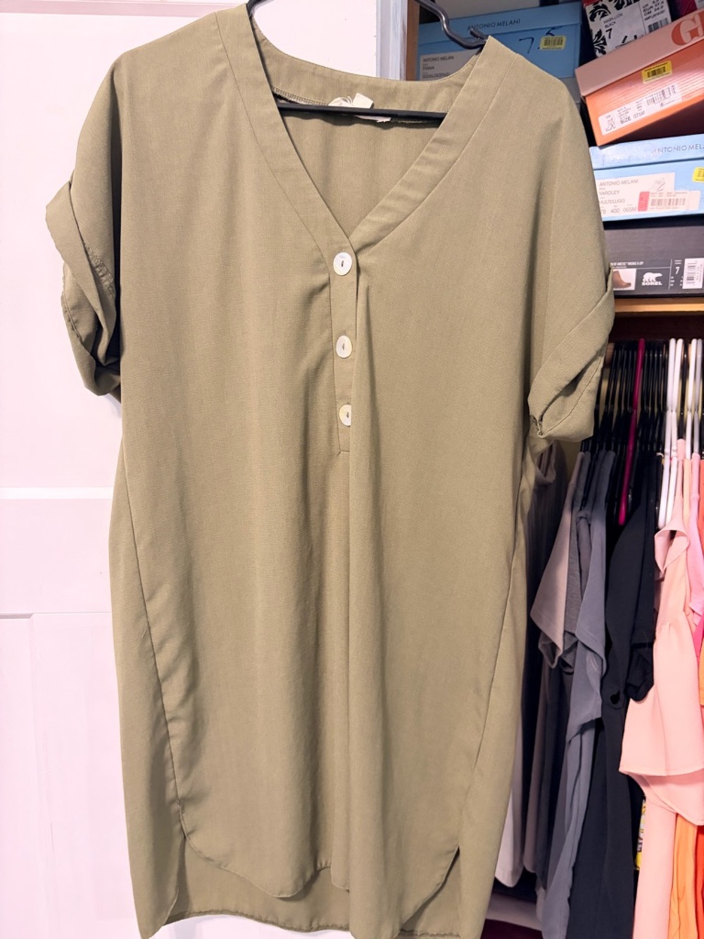 Olive Green V-Neck Button Dress